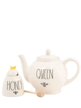 Rae Dunn Queen Bee Teapot With Honey Bee Pot and Stir Stick Gift Set